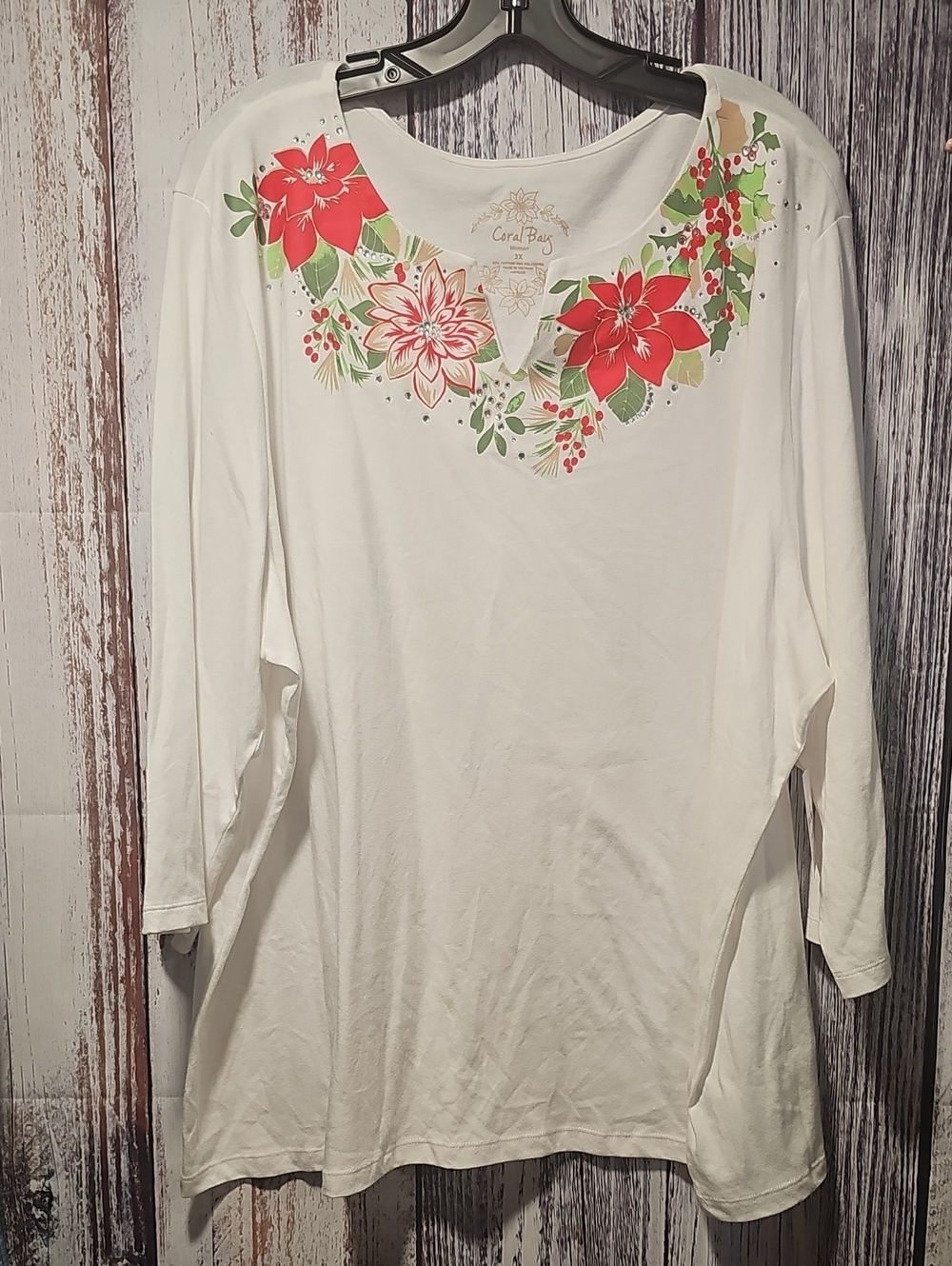 Coral Bay White Long Sleeve Top with Red & Green Floral Yoke